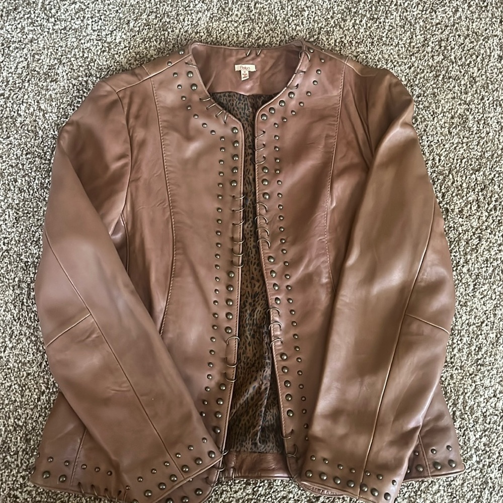Brown Studded Leather Jacket Size Medium
